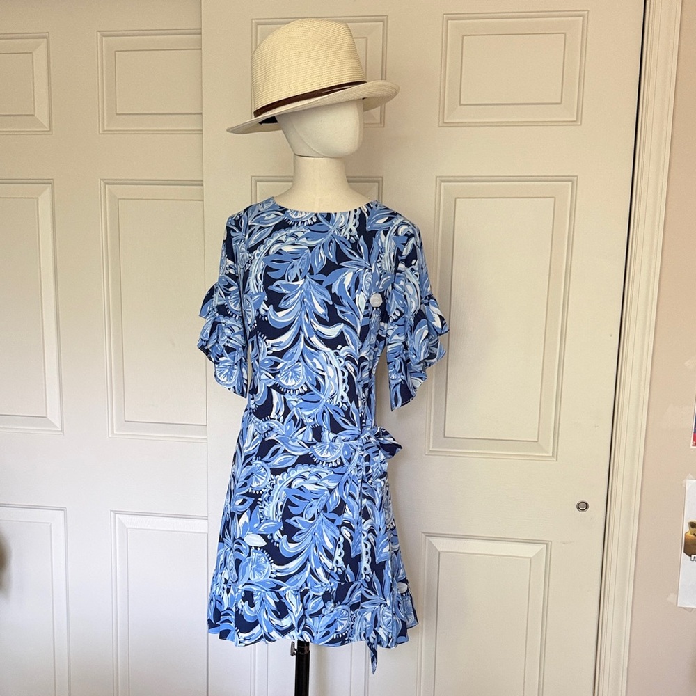 Lilly Pulitzer Navy & Light Blue Leaf-Print Ruffle-Sleeve Dress